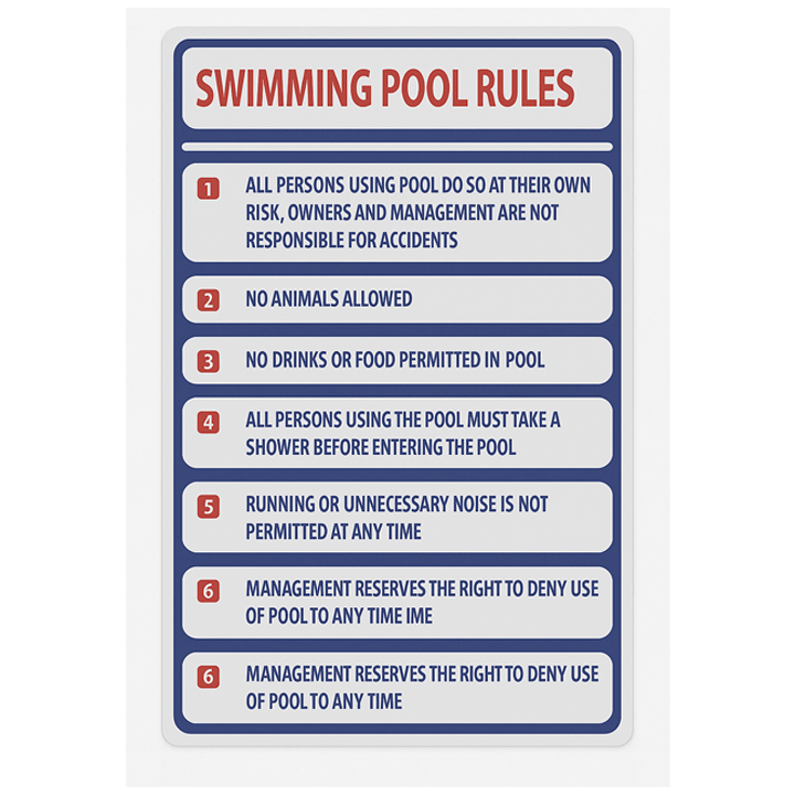 SIGN SWIMMING POOL RULES 50X30