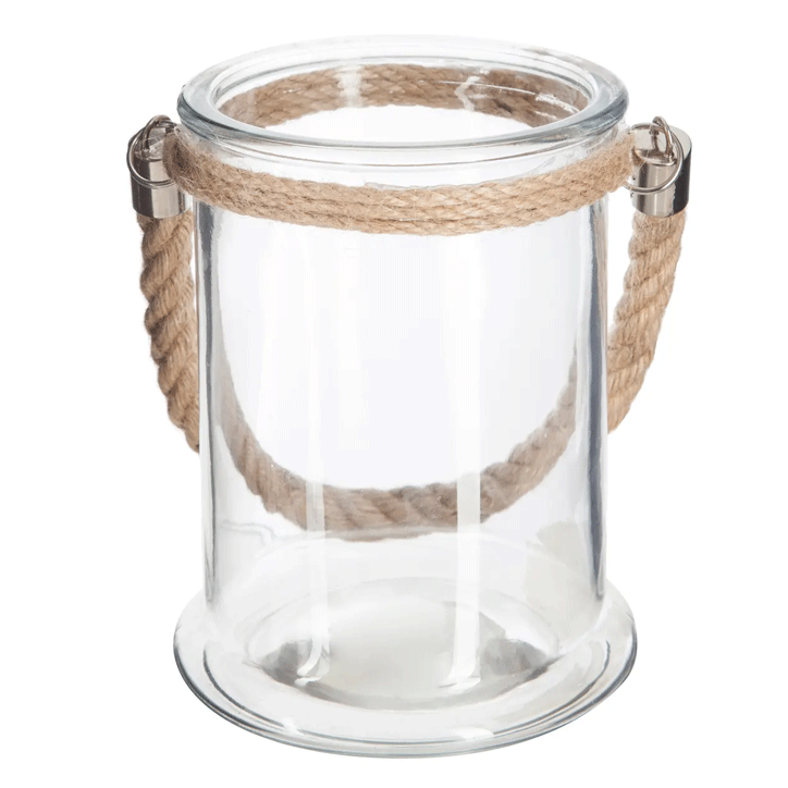 GLASS CANDLE HOLD+ROPE H17