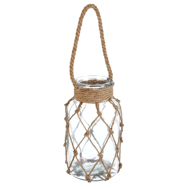 GLASS CANDLE HOLDER+ROPE H26