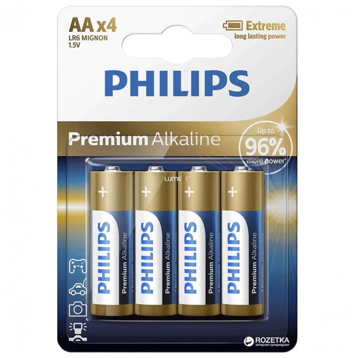 BATTERY(4) LR6/AA 144 1,65 PHILIPS PREMIUM ALKALINE BL LR6M4B/10