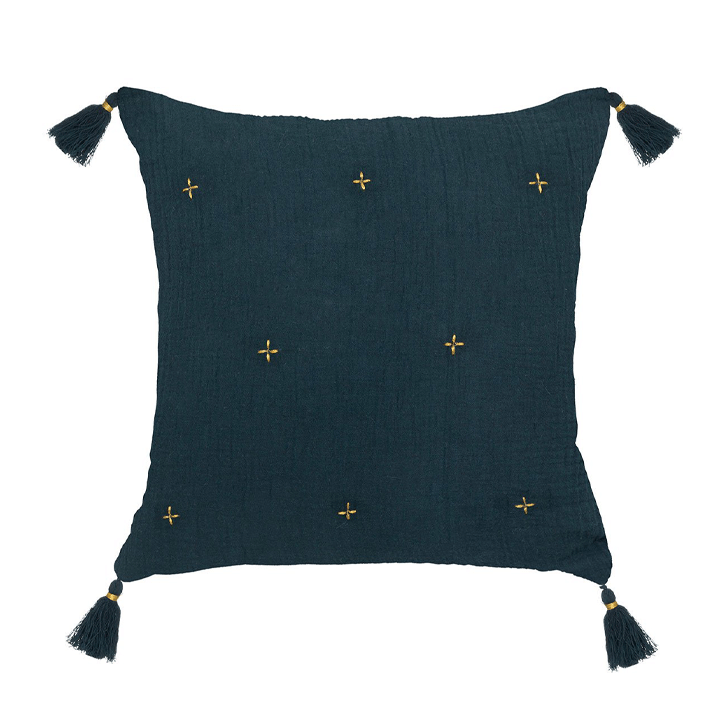 CUSH GAUZE EMBR GOLD BLU 40X40