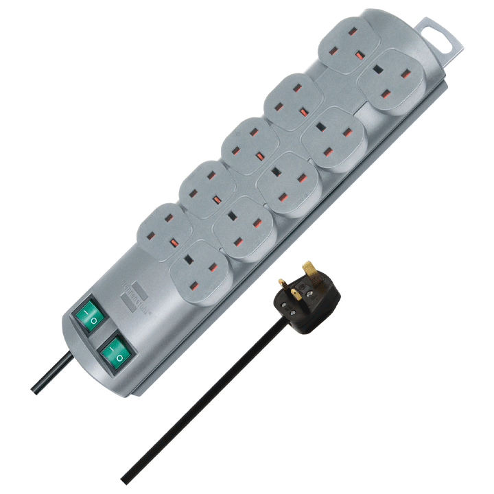 PRIMERA-LINE EXTENSION LEAD 10-WAY SILVER 2M H05VV-F 3G1,25 EACH 5 SOCKETS SWITCHED