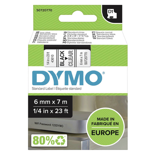 DYMO D1 TAPE CAS.6MMX7M BK/TR 43610