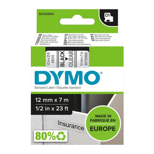 DYMO CAS.12MM BLACK/TRAN 45010