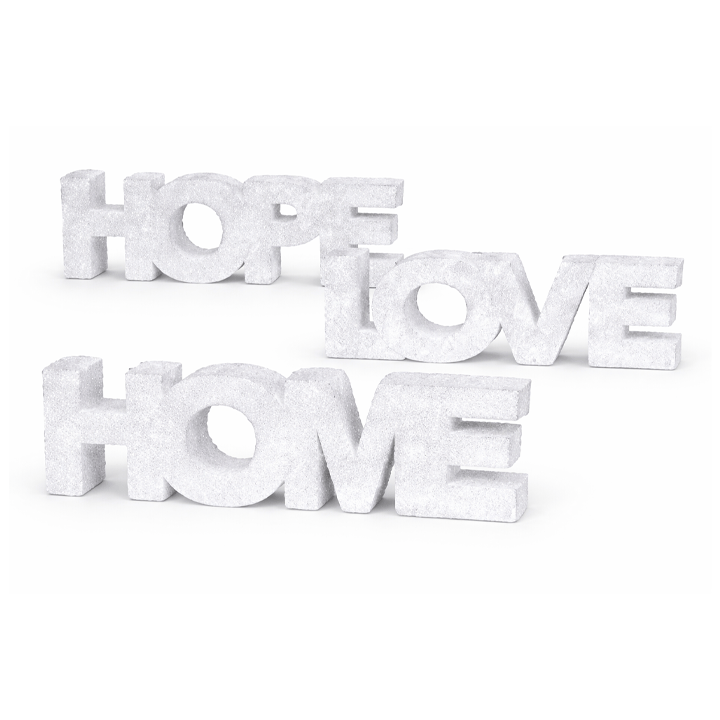FOAM LETTER 25X7X2CM 3ASS 24 0,65 ARTI CASA PVC BOX HOPE/HOME/LOVE GLITTER
