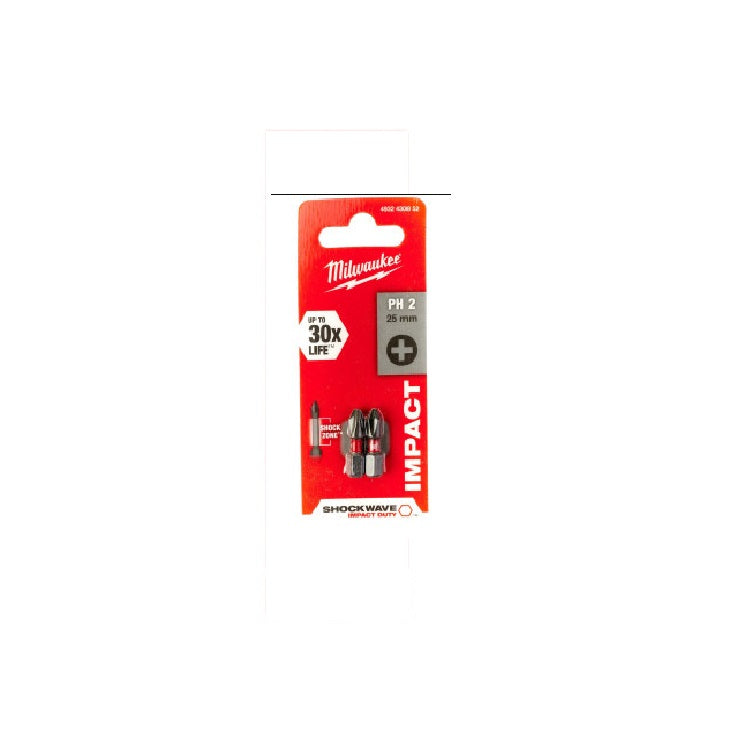 MILWAUKEE PH 2 x 25mm SHOCKWAVE BIT 2PCS