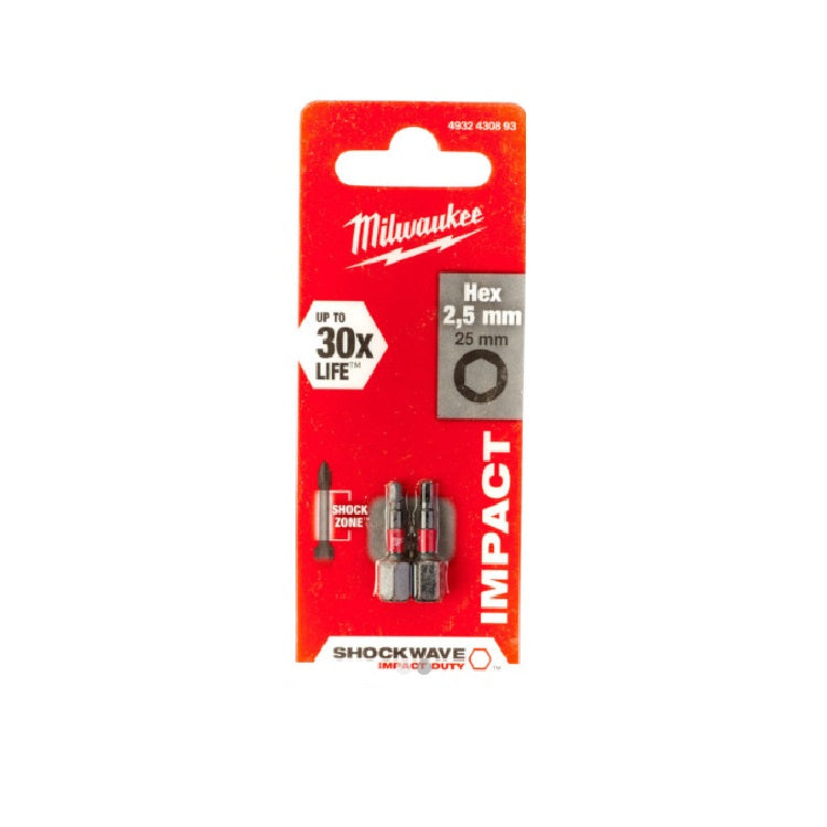 MILWAUKEE 2.5MM X 25MM HEX SHOCKWAVE BIT 2PCS