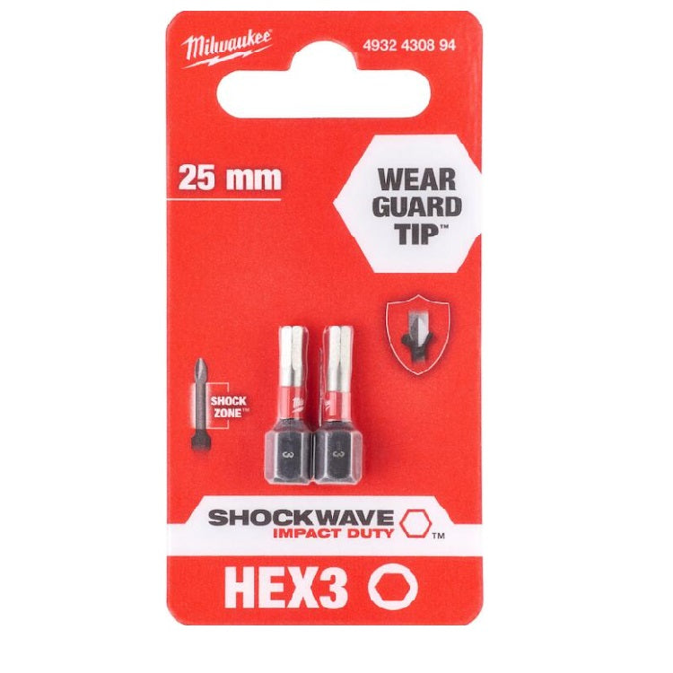 MILWAUKEE 3MM X 25MM HEX SHOCKWAVE BIT 2PCS