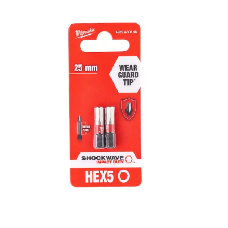 MILWAUKEE 5MM X 25MM HEX SHOCKWAVE BIT 2PCS
