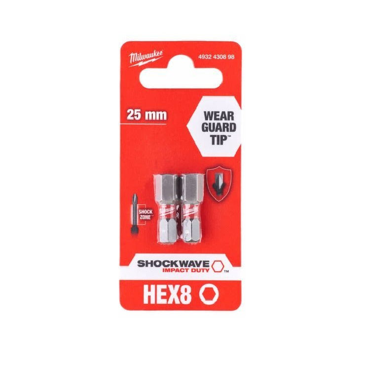 MILWAUKEE 8MM X 25MM HEX SHOCKWAVE BIT 2PCS