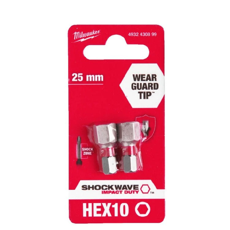 MILWAUKEE 10MM X 25MM HEX SHOCKWAVE BIT 2PCS