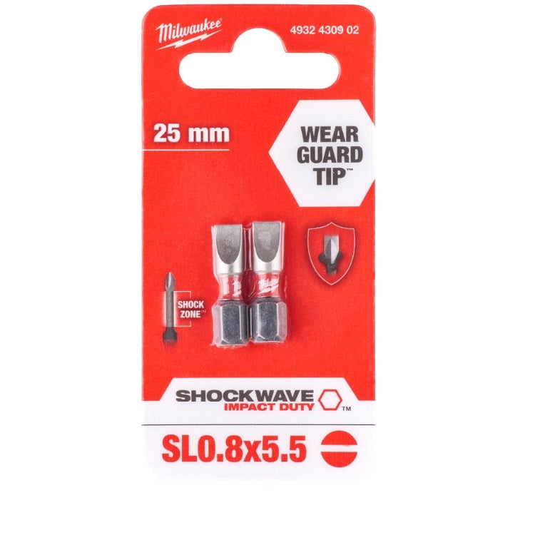 MILWAUKEE SLOTTED 5.5 x 25mm SHOCKWAVE BITS 2PCS