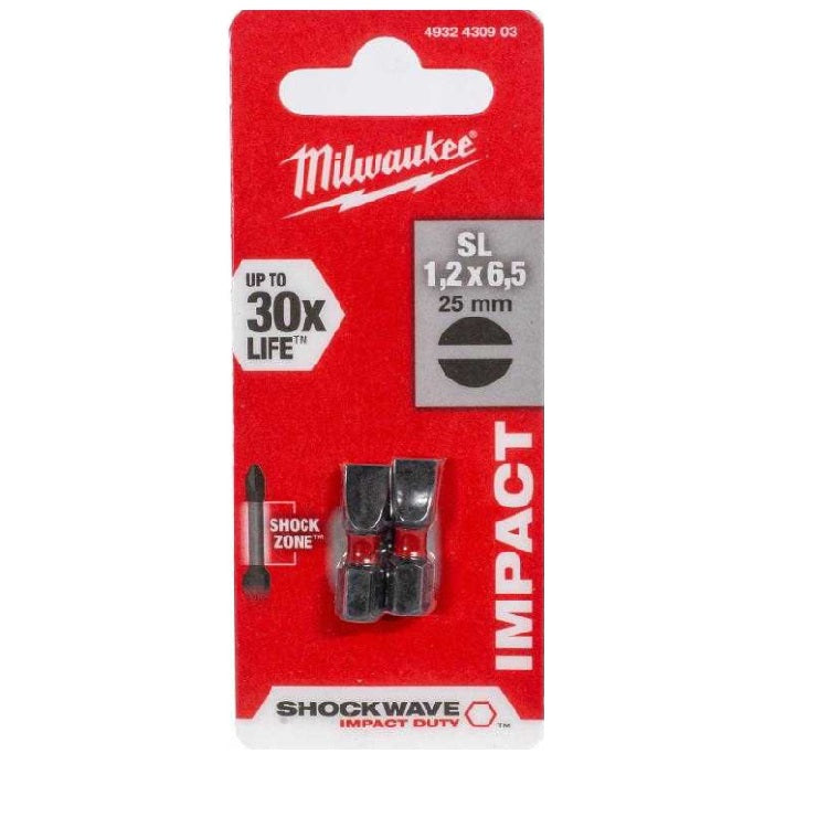 MILWAUKEE SLOTTED 6.5 x 25mm SHOCKWAVE BIT 2PCS