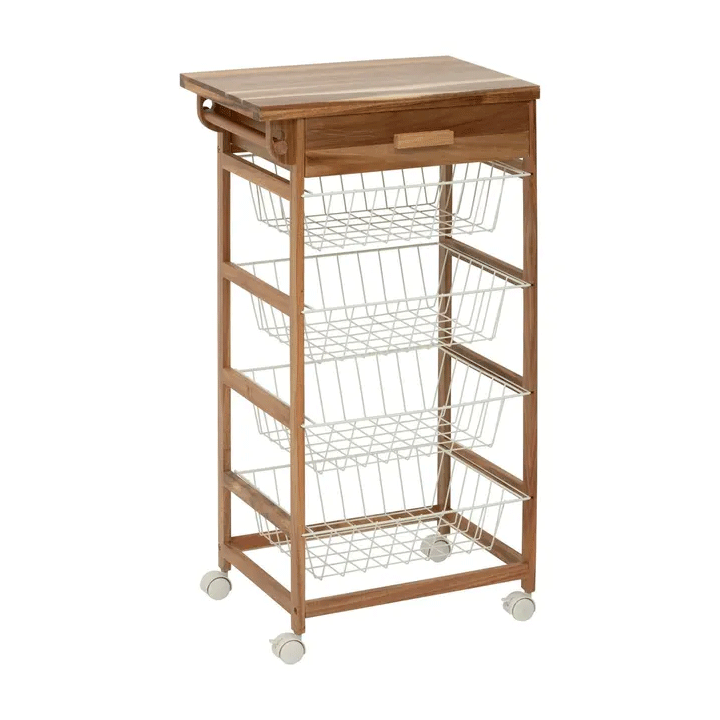 4 METAL BASKETS ACACIA TROLLEY