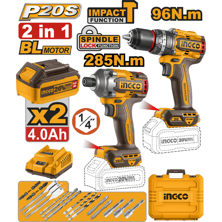 CORDLESS BRUSHLESS IMPACT DRILL AND DRIVER 2PCS COMBO KIT INGCO