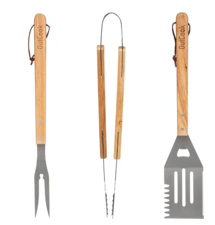 WOODEN HANDLE BBQ ACCESSOR X3