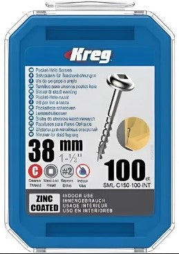 POCKET HOLE SCREWS 38MM ZINC COATED MAXI LOC COARSE THREAD KREG 100PCS