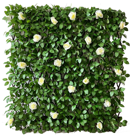 COMPOSITE FOLIAGE WITH WHITE ROSES IN WOODEN TRELLIS 2x1M