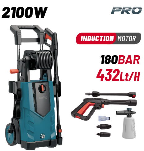 ΠΛΥΣΤΙΚΟ ΥΨΗΛΗΣ ΠΙΕΣΗΣ 2100W 180 BAR ΜΕ ΕΠΑΓΩΓΙΚΟ ΚΙΝΗΤΗΡΑ, ΠΑΡΟΧΗ 432 L/H, ΑΚΡΟΦΥΣΙΟ TURBO ΚΑΙ ΑΝΕΜΗ ΛΑΣΤΙΧΟΥ