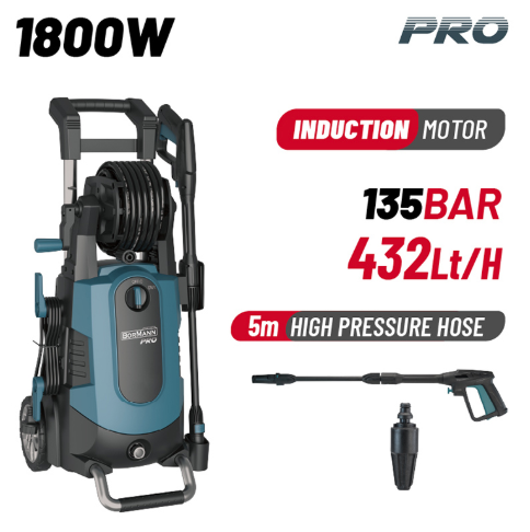 HIGH PRESSURE CLEANER 1800W, 135BAR,INDUCTION MOTOR,432L/h,TURBO NOZZLE,HOSE REEL