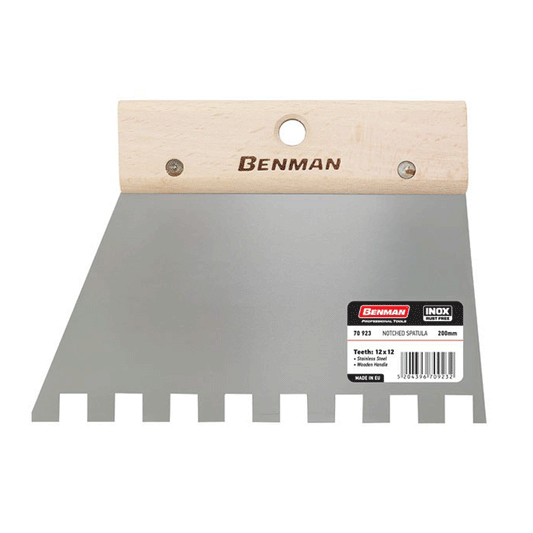 ADHESIVE SPREADER ΙΝΟΧ SQUARE NOTCHED WITH WOODEN HANDLE 200MM 12X12MM BENMAN