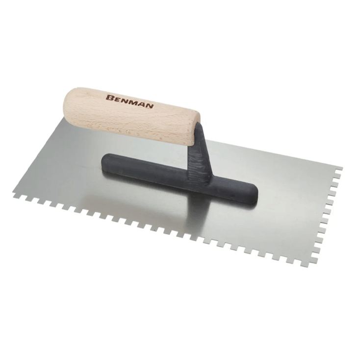 FINISHING TROWEL INOX SQUARE NOTCHED WITH WOODEN HANDLE 130X280MM 10X10MM BENMAN