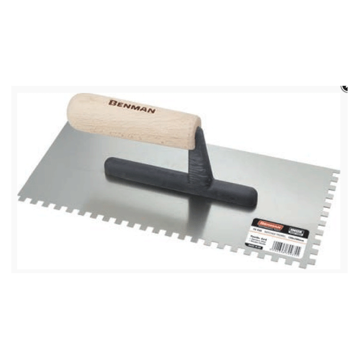 FINISHING TROWEL INOX SQUARE NOTCHED WITH WOODEN HANDLE 130X280MM 8X8MM BENMAN