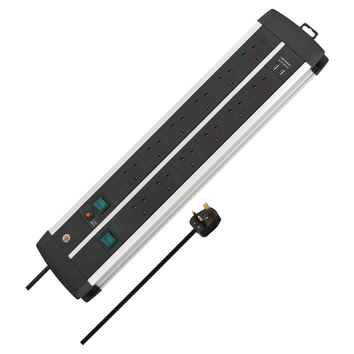 PREMIUM-DUO-ALU-LINE TECHNICS EXTENSION LEAD WITH SAFETY FUSE RESET BUTTON & USB,CHARGER 2X6-WAY 3M