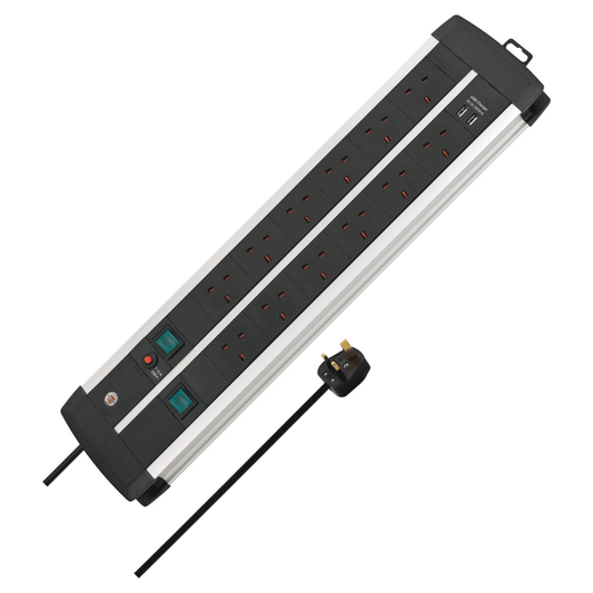 PREMIUM-DUO-ALU-LINE TECHNICS EXTENSION LEAD WITH SAFETY FUSE RESET BUTTON & USB,CHARGER 2X6-WAY 3M