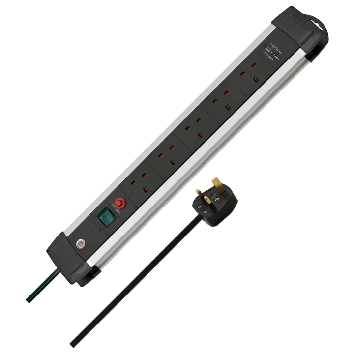 PREMIUM-ALU-LINE FB EXTENSION LEAD WITH SAFETY FUSE RESET BUTTON & USB-CHARGER 5-WAY 3M