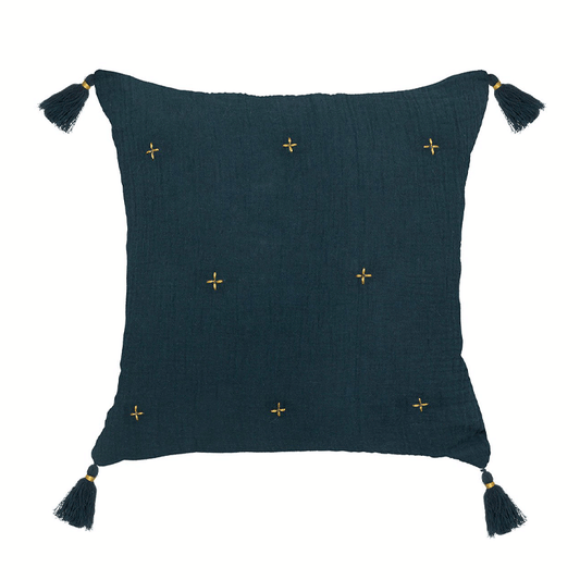 CUSH GAUZE EMBR GOLD BLU 40X40