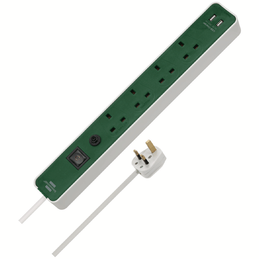 ECOLOR FB EXTENSION LEAD WITH USB-CHARGER & SAFETY FUSE RESET BUTTON 13A SASO 4-WAY 2xUSB 3M WHITE/G