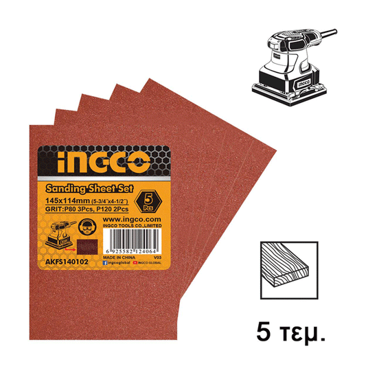 INGCO SANDING SHEETS FOR ORBITAL SANDERS 145X114MM 5PCS