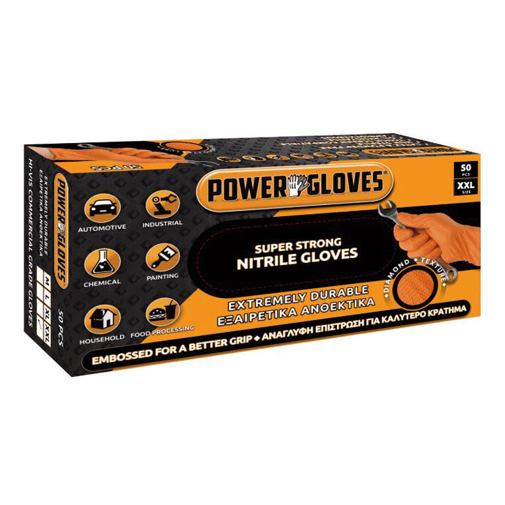 POWER GLOVES NITRILE ORANGE (XXL) 50PCS
