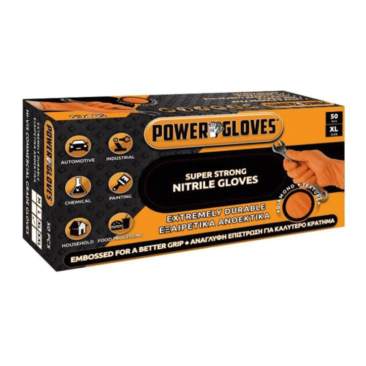 POWER GLOVES NITRILE ORANGE (XL) 50PCS