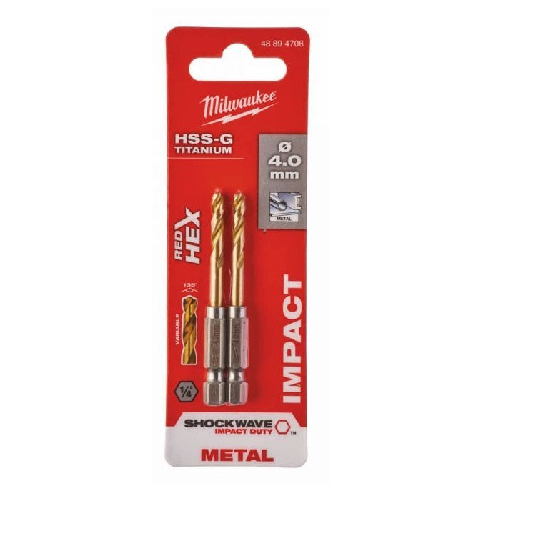 MILWAUKEE 1/4 HEX SHANK METAL DRILL SWAVE HSS-G 4MM  2PCS