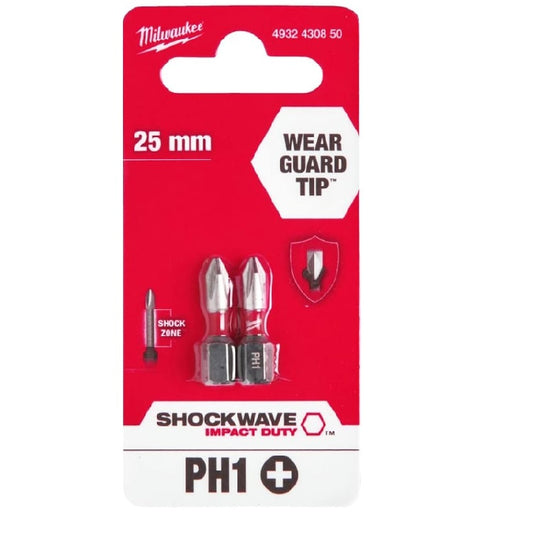 MILWAUKEE PH 1 x 25mm SHOCKWAVE BIT 2PCS