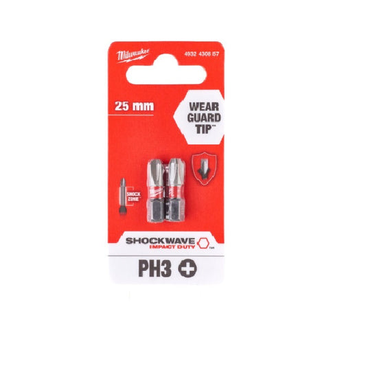 MILWAUKEE PH 3 x 25mm SHOCKWAVE BIT 2PCS