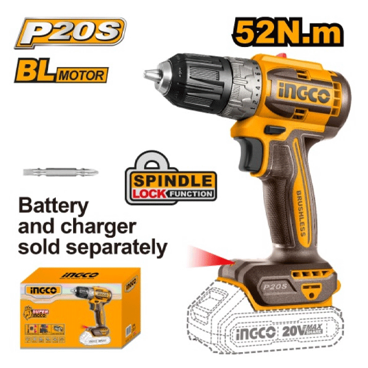 BRUSHLESS CORDLESS DRILL 20V SOLO 52NM INGCO