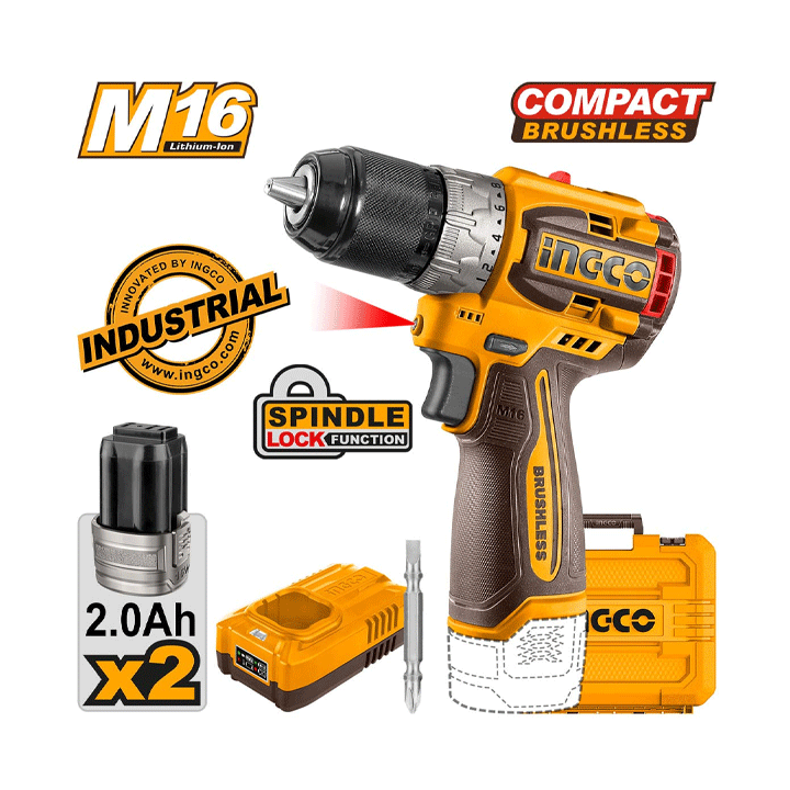 COMPACT BRUSHLESS CORDLESS DRILL 16V SET INGCO