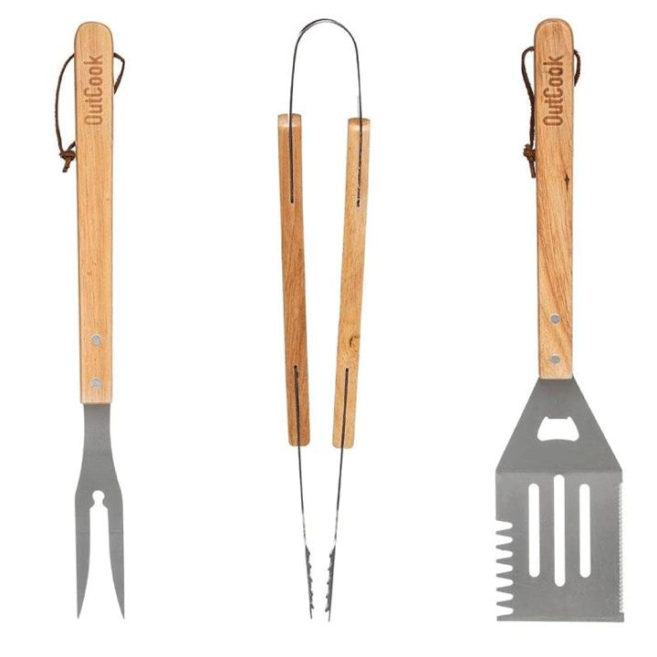 WOODEN HANDLE BBQ ACCESSOR X3
