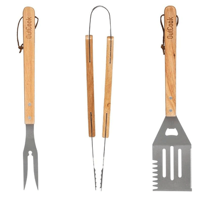 WOODEN HANDLE BBQ ACCESSOR X3