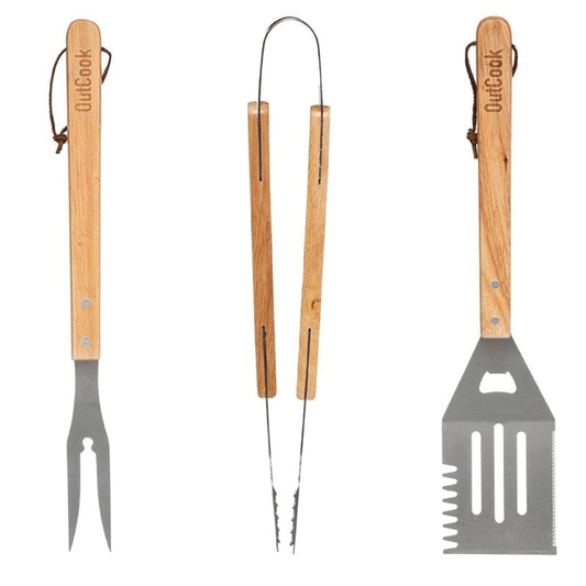 WOODEN HANDLE BBQ ACCESSOR X3