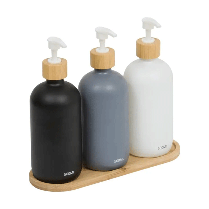 SET OF 3 SOAP DISPENSERS 500ML WITH TRAY LONG 22CM