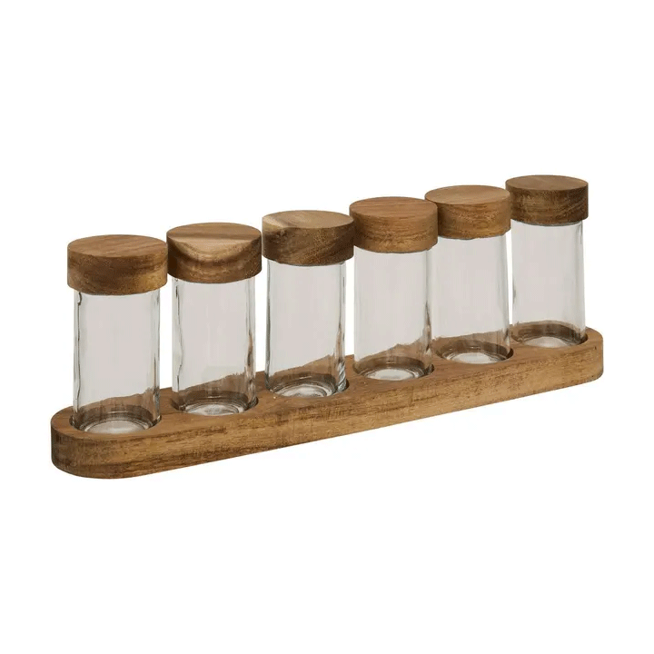 SET OF 6 TALL SPICE JARS 11CM GLASS WITH ACACIA TRAY