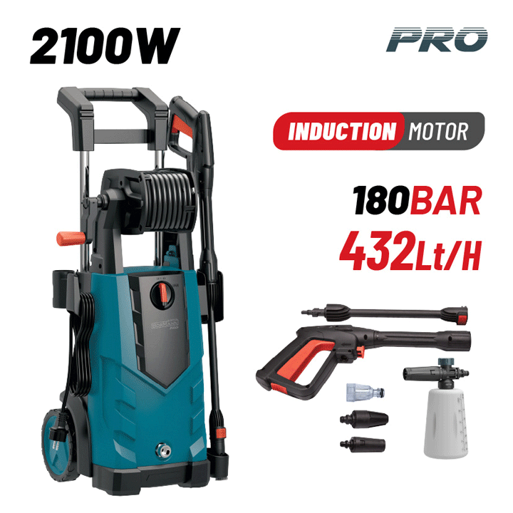 ΠΛΥΣΤΙΚΟ ΥΨΗΛΗΣ ΠΙΕΣΗΣ 2100W 180 BAR ΜΕ ΕΠΑΓΩΓΙΚΟ ΚΙΝΗΤΗΡΑ, ΠΑΡΟΧΗ 432 L/H, ΑΚΡΟΦΥΣΙΟ TURBO ΚΑΙ ΑΝΕΜΗ ΛΑΣΤΙΧΟΥ