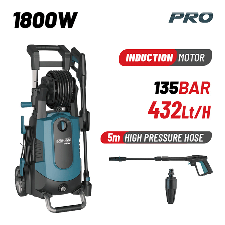 HIGH PRESSURE CLEANER 1800W, 135BAR,INDUCTION MOTOR,432L/h,TURBO NOZZLE,HOSE REEL