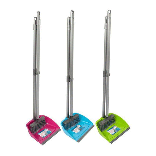 DUSTPAN & BROOM SET 40 1,49 LET OP 4 DELIG LC PP/PVC/PET/RUBBER 3ASS CLR AL