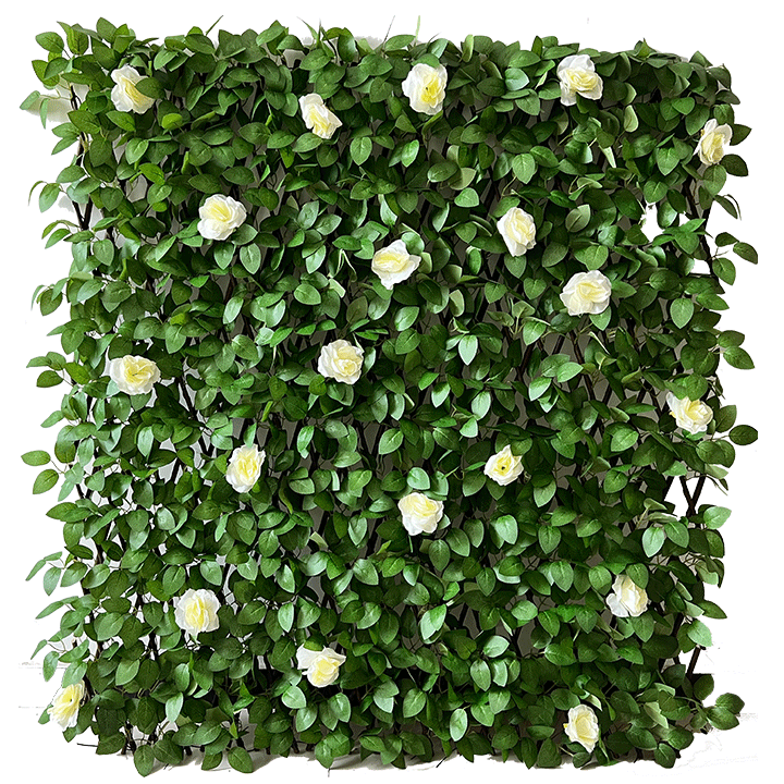 COMPOSITE FOLIAGE WITH WHITE ROSES IN WOODEN TRELLIS 2x1M