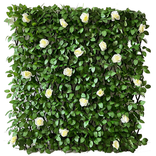 COMPOSITE FOLIAGE WITH WHITE ROSES IN WOODEN TRELLIS 2x1M